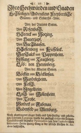 Ihro Hochwürden und Gnaden Hochseeligen Andenckens Freyherrliche Stamm- und Geburts-Linie.