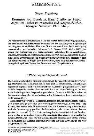 Eleni Butulussi: Studien zur Valenz kognitiver Verben im Deutschen und Neugriechischen, Tübingen, Niemeyer, 1991, 344 S.