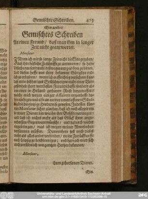 Ein ander Gemischtes Schreiben An einen Freund, daß man ihm in langer Zeit nicht geantwortet.
