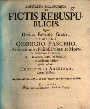 Disputatio Philosophica De Fictis Rebuspublicis