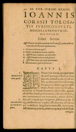 Ioannis Corasii Tolosatis Iurisconsulti, Miscellaneorum Iuris Civilis Liber Sextus.