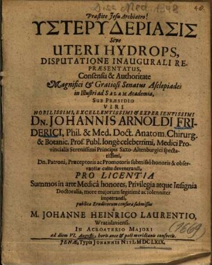Ystery Deriasis Sive Uteri Hydrops, Disputatione Inaugurali Repraesentatus