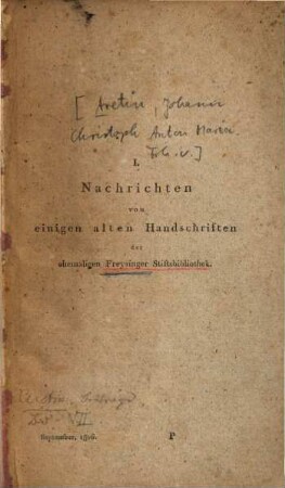 Nachrichten von einigen alten Handschriften der ehemaligen Freysinger Stiftsbibliothek