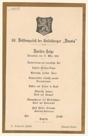 Menükarte : 88. Stiftungsfest der Heidelberger "Suevia", Monopol-Hotel Rosmanith & Schaurté