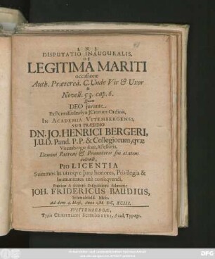 Disputatio Inauguralis, De Legitima Mariti occasione Auth. Praeterea. C. Unde Vir & Uxor & Novell. 53. cap. 6