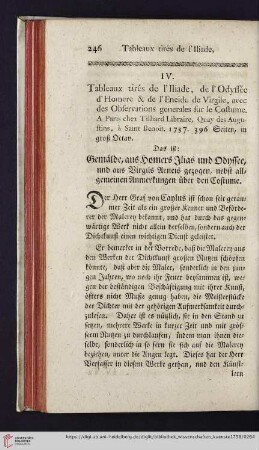 3: [Rezension von: Tableaux tirés de I'lliade, de l'Odyssée d'Homere & de l'Eneide de Virgile, avec des Observations generales sur le Costume. Paris, 1757]