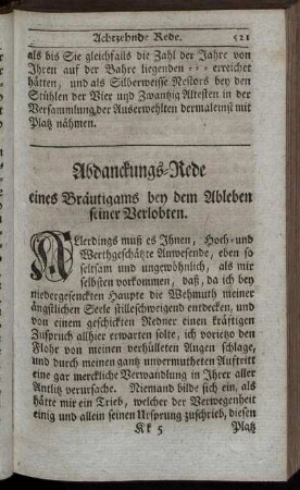 Abdanckungs-Rede eines Bräutigams bey dem Ableben seiner Verlobten.