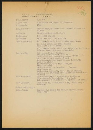 Etablissement Ronacher, Wien: Schriftstück zum Fragebogen für das Handbuch »Das Deutsche Theater«