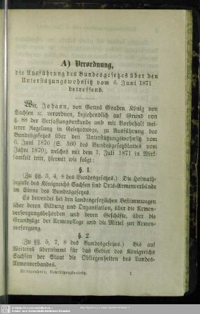 A) Verordnung, die Ausführung des Bundesgesetzes über den Unterstützungswohnsitz vom 6. Juni 1871 betreffend