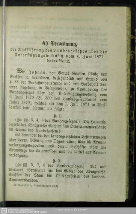 A) Verordnung, die Ausführung des Bundesgesetzes über den Unterstützungswohnsitz vom 6. Juni 1871 betreffend