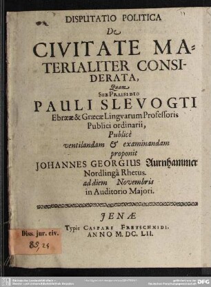 Disputatio de civitate materialiter considerata