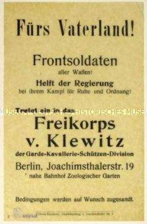Aufruf zum Eintritt in das Freikorps von Klewitz der Garde-Kavallerie-Schützen-Division