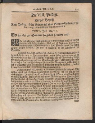 Die VIII. Predigt. Kurtzer Begriff Einer Predigt/ so bey Gelegenheit einer Sonnen-Finsterniß/ so den 2. Aug. 1654. geschehen / ist gehalten worden