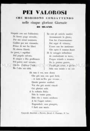 Anonymes Flugblatt: Pei valorosi che morirono combattendo nelle cinque gloriose giornate di Milano (Für die Tapferen, die während der fünf ruhmreichen Tage von Mailand im Kampfe starben); undatiert