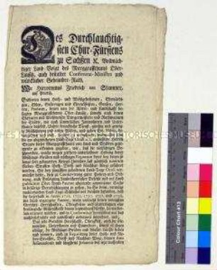 Verordnung von Hieronymus Friedrich von Stammer Landvogt des Markgrafentums Oberlausitz betreffend Räumung und Reparatur von Wasserläufen und Straßen