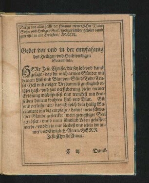 Gebet vor und in der empfahung des Heiligen und Hochwirdigen Sacraments.