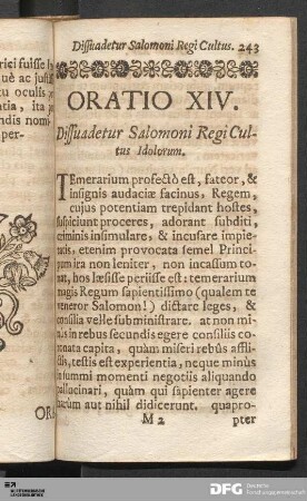 Oratio XIV. Dissuadetur Salomoni Regi Cultus Idolorum.