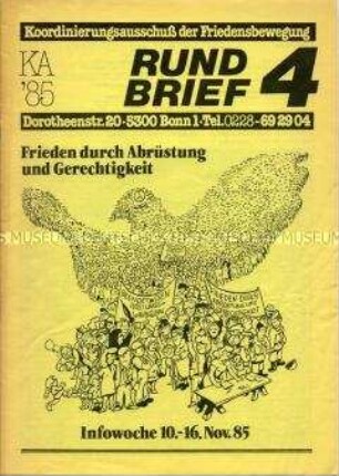 Mitteilungsblatt (Rundbrief) des Koordinierungsausschusses der Friedensbewegung u.a. mit Kommentaren zu den gestiegenen Rüstungsanstrengungen, zu Religionsgemeinschaften in der Friedensbewegung und Frauen in der Friedensbewegung - Sachkonvolut
