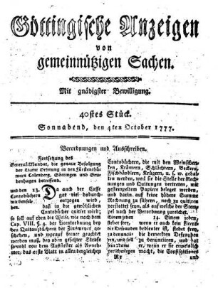 40stes Stück. Sonnabend, den 4ten October 1777.