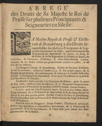 Abrégé des Droits de Sa Majesté le Roi de Prusse sur Plusieurs Principautés & Seigneuries en Silesie