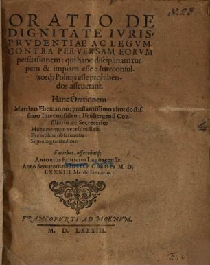 Oratio de dignitate jurisprudentiae ac legum ...