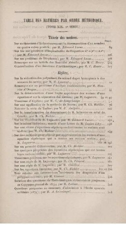 Table des matières par ordre méthodique. (Tome XIX, 2° série.)