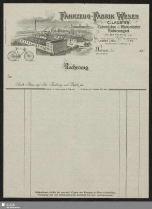Fahrzeug-Fabrik Wesen, C. Lauster, Wesen bei Lindau i/S. : Rechnung, blanko