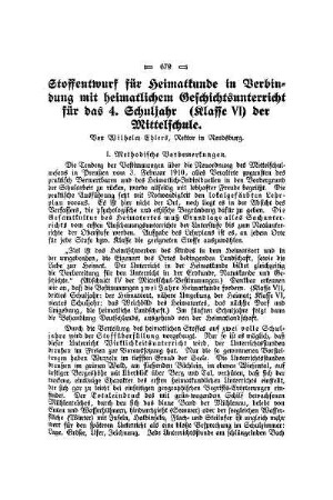 Stoffentwurf für Heimatkunde in Verbindung mit heimatlichen Geschichtsunterricht für das 4. Schuljahr (Klasse VI) der Mittelschule