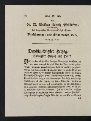 604-613, XIX. Hr. M. Christian Ludwig Pfeilstickers, Danksagungs- und Erinnerungs-Rede