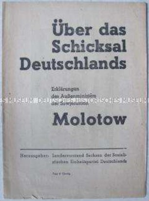 Sonderdruck mit dem Wortlaut einer Erklärung von UdSSR- Außenminister Molotow zur Frage der deutschen Einheit