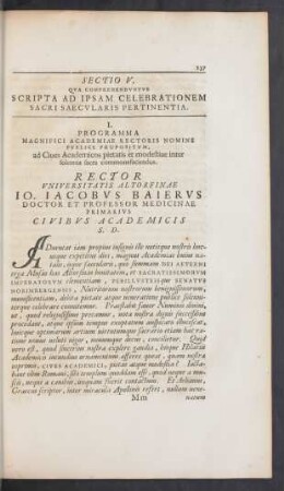 I. Programma Magnifici Academiae Rectoris Nomine Publice Propositum, ad Ciues Academicos pietatis et modestiae inter solennia sacra commonefaciendos