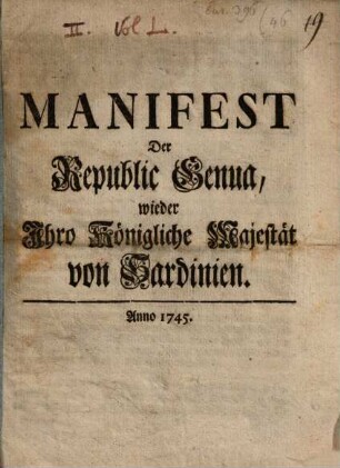 Manifest der Republik Genua wider I. Kön. Mt. von Sardinien