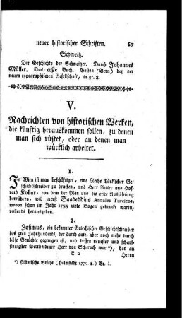 Nachrichten von historischen Werken, die künftig herauskommen sollen, zu denen man sich rüstet, oder an denen man würklich arbeitet