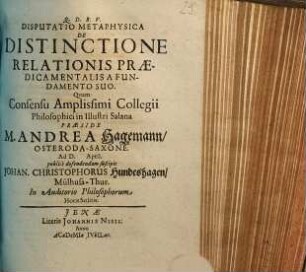 Disputatio Metaphysica De Distinctione Relationis Praedicamentalis A Fundamento Suo