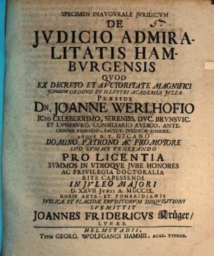 Specimen Inavgvrale Jvridicvm De Jvdicio Admiralitatis Hambvrgensis