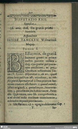 Disputatio XXII. Opposita Lib. unic. Bell. De gratiâ primi hominis