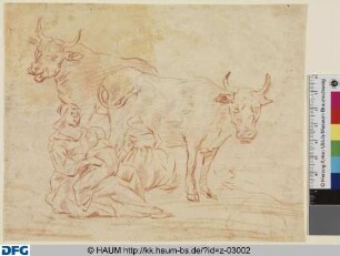 Sitzende Frau mit Kind und eine Kühe melkende Frau