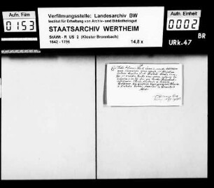 Fr. Heinrich (Henricus) Back, Laie zu Bronnbach (Brunnbach), verspricht den Satzungen und Regeln des hl. Benedictus Treue und Gehorsam.