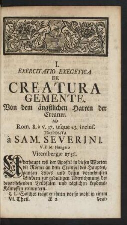 I. Exercitatio Exegetica De Creatura Gemente.