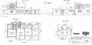 Urlau: Empfangsgebäude Verwaltungsgebäude Grundriß EG,Längs- und Giebelansichten