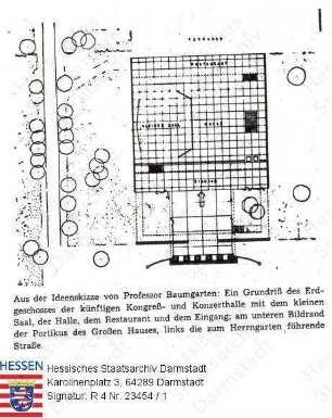Darmstadt, Landestheater / Wiederaufbau / Grundriss für ein Konzert- und Kongresshaus mit Einbeziehung des Moller-Portikus'