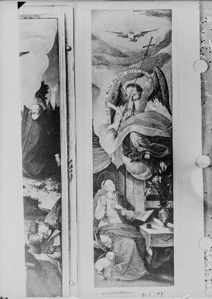 Altar: Mittelbild mit Kreuzigung, rechter Flügel mit Auferstehung Christi, linker Flügel mit Christus im Tempel, weiter Flügel mit der Vorstellung der Verkündigung