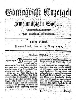12tes Stück. Sonnabend, den 22ten Merz 1777.