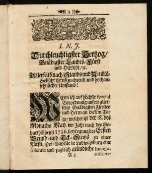 3-32, I. N. J. Durchleuchtigster Hertzog / Gnädigster Landes-Fürst und Herr / u.