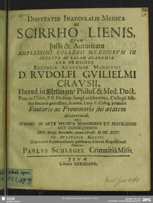 Dispvtatio Inavgvralis Medica De Scirrho Lienis