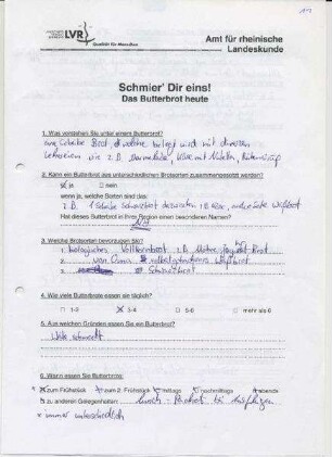 Schmier' dir eins! - Das Butterbrot heute Ausgefüllter Fragebogen
