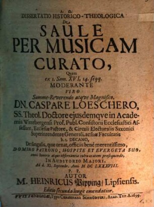 Dissertatio historico-theologica de Saule per musicam curato