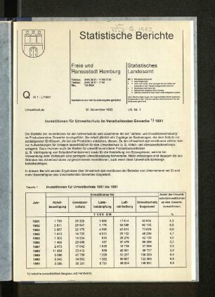 Investitionen für Umweltschutz im verarbeitenden Gewerbe 1991 : Lfd. Nr. 1