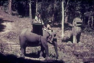 Reisefotos Kambodscha. Angkor. Steinlöwe und Touristen auf Reitelefanten