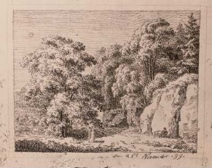 Landschaft mit Staffage und Bank unter Bäumen